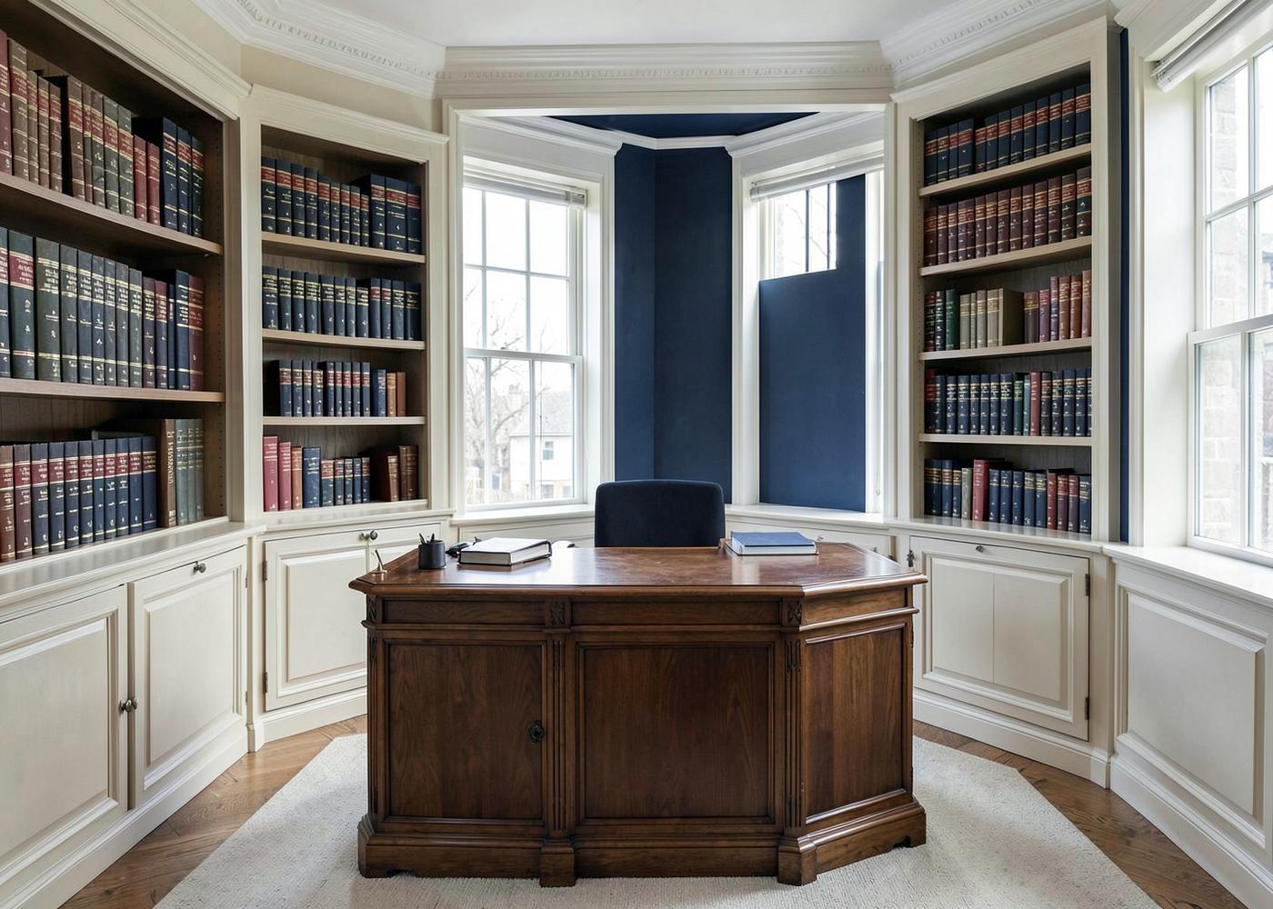 Interior del despacho notarial con mesa de firma y estanterías de libros