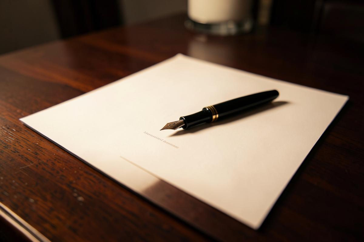 Pluma y documento sobre un escritorio de madera